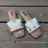 Multicolored Pearl Embellished Square-Toe Flat Slides