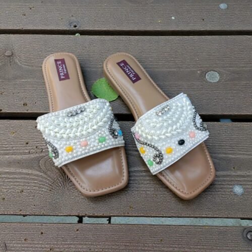 Multicolored Pearl Embellished Square-Toe Flat Slides
