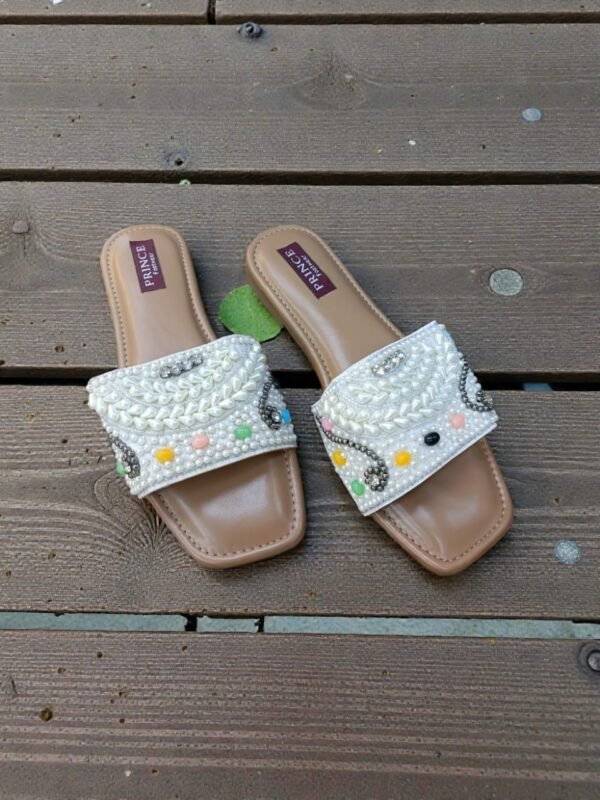Multicolored Pearl Embellished Square-Toe Flat Slides