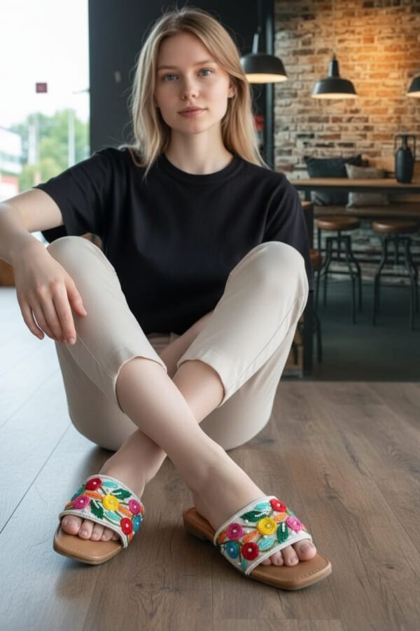 Floral Embroidered Flat Slide Sandals