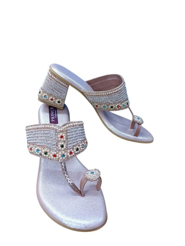 2 Branded Women's Silver Glitter Slip-On Heels with Bead & Pearl Embellishments – 2.5 Inch Heel