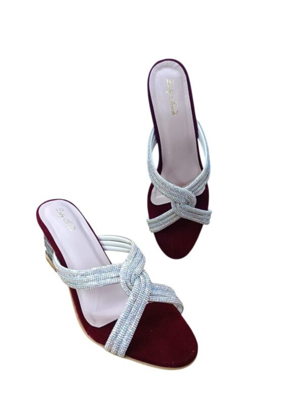 Maroon Rhinestone Embellished Mule Heels for Women – 3 inch Metallic Block Heel Party Sandals