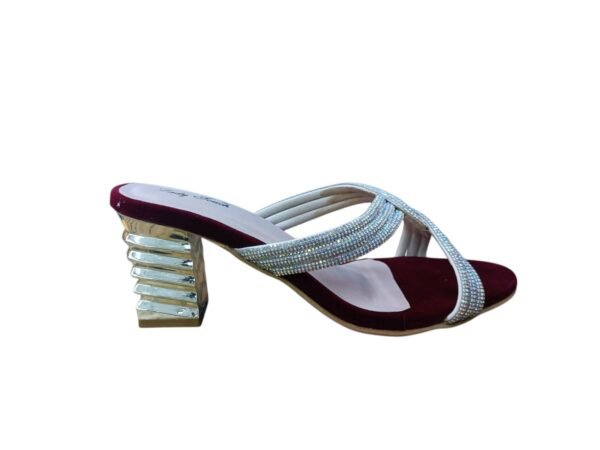 Maroon Rhinestone Embellished Mule Heels for Women – 3 inch Metallic Block Heel Party Sandals