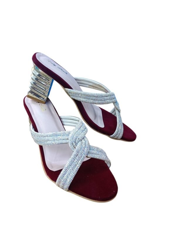 Maroon Rhinestone Embellished Mule Heels for Women – 3 inch Metallic Block Heel Party Sandals