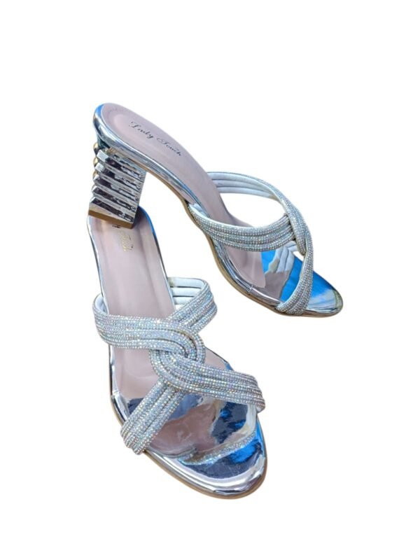 Crystal Embellished Slip-On Mule Heels for Women – 2.5 Inch Metallic Block Heel Sandals