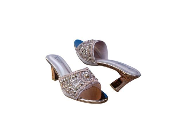 Rose Gold Studded & Rhinestone Mule Heels | 3 inch Women's Festive Block Heel Sandals