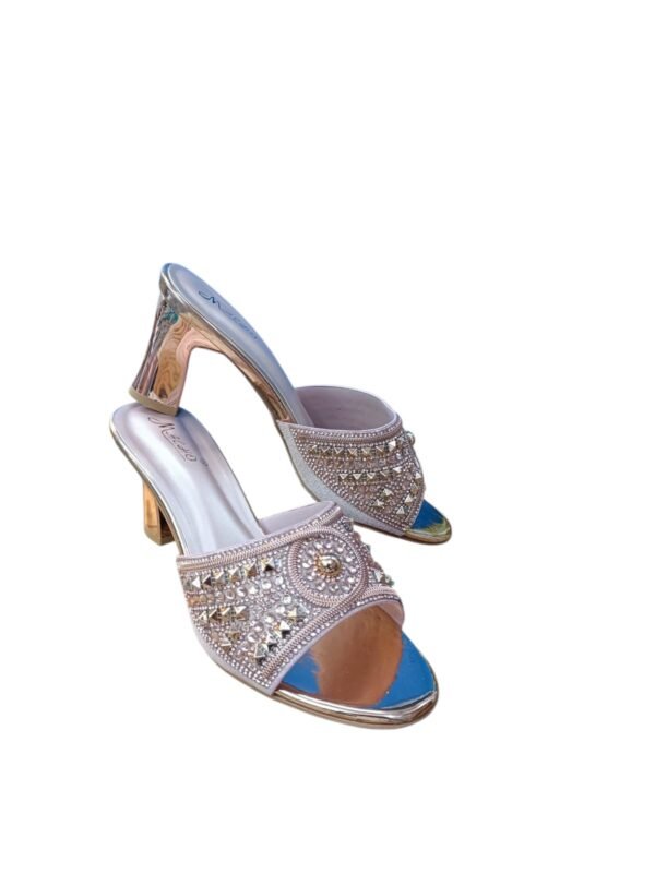 Rose Gold Studded & Rhinestone Mule Heels | 3 inch Women's Festive Block Heel Sandals
