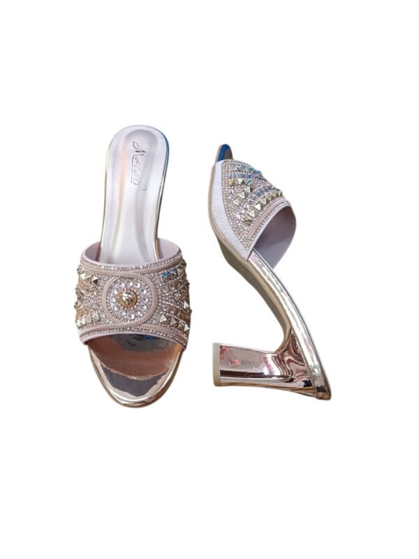 Rose Gold Studded & Rhinestone Mule Heels | 3 inch Women's Festive Block Heel Sandals
