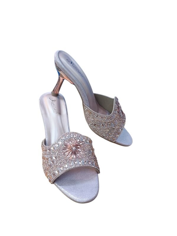 Rose Gold Crystal Floral Mule Heels for Women – 3 inch Elegant Party Wear Slip-On Sandals
