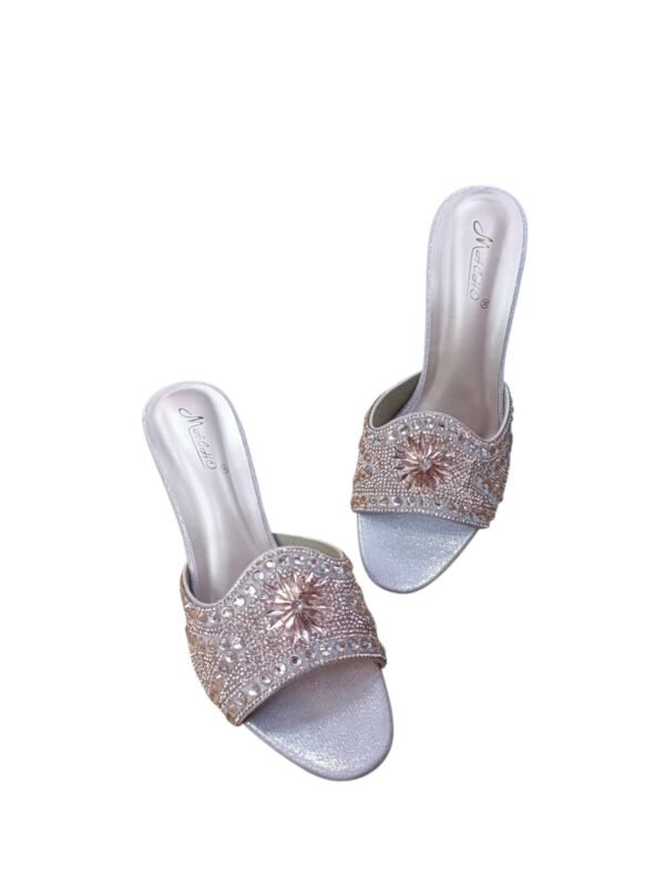Rose Gold Crystal Floral Mule Heels for Women – 3 inch Elegant Party Wear Slip-On Sandals
