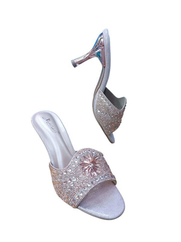 Rose Gold Crystal Floral Mule Heels for Women – 3 inch Elegant Party Wear Slip-On Sandals
